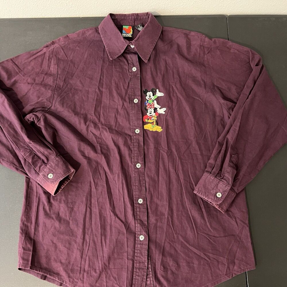 Vtg Mickey Unlimited Maroon Button Up Shirt Womens‎ M Disney Embroidered Minnie